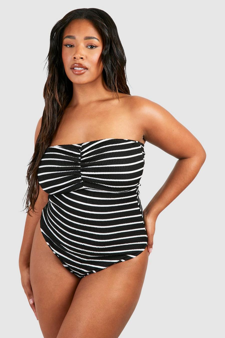 Black Plus Crinkle Stripe Bandeau Swimsuit  image number 1