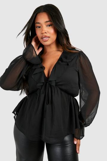 Plus Ruffle Tie Front Smock Top black