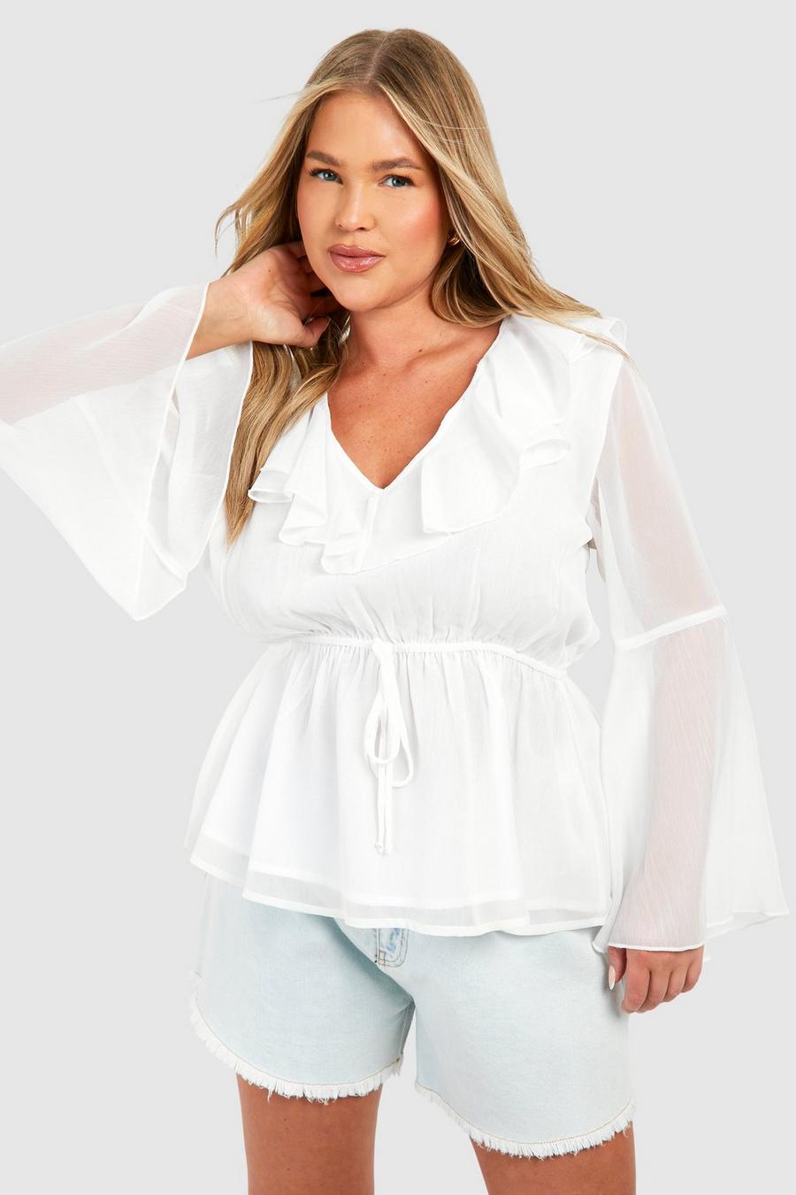 Top Plus holgado con mangas acampanadas y volante frontal, White