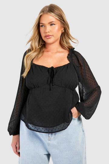 Black Plus Large Dobby Corset Neckline Smock Top