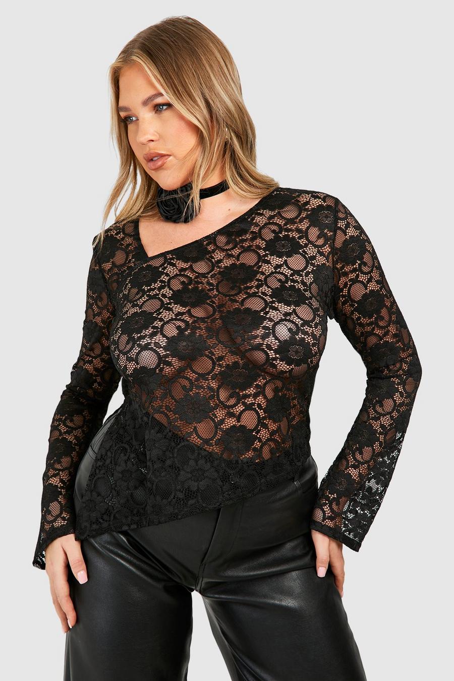 Top Plus Size asimmetrico a maniche lunghe in pizzo, Black image number 1