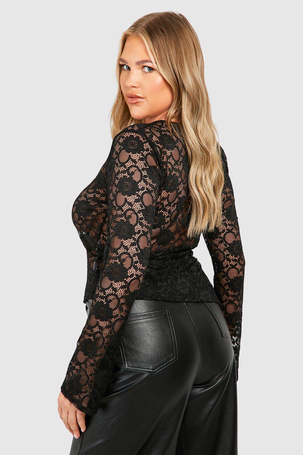 Black lace long sleeve top plus size sale