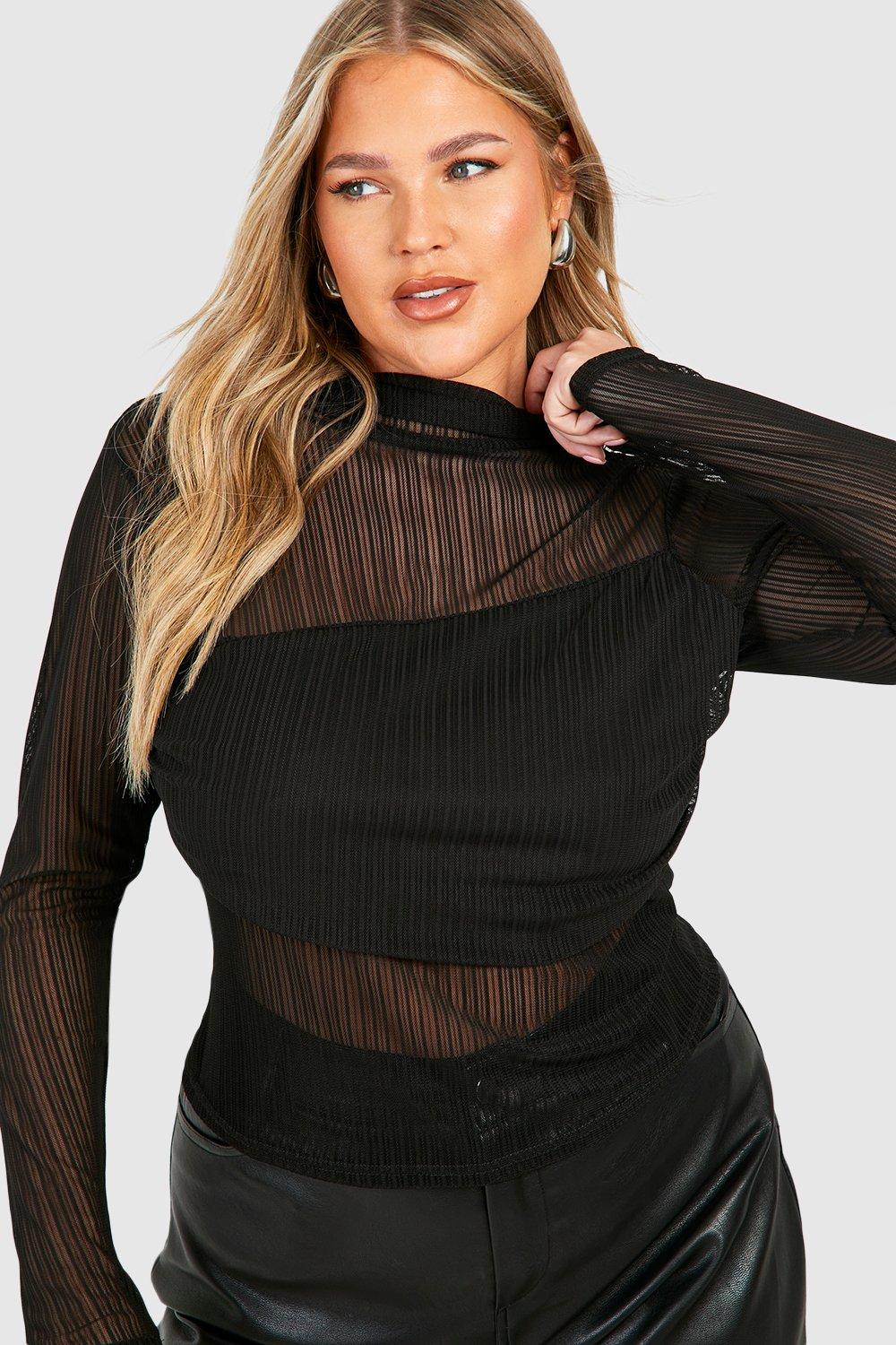 Plus Rib Mesh Long Sleeve Top