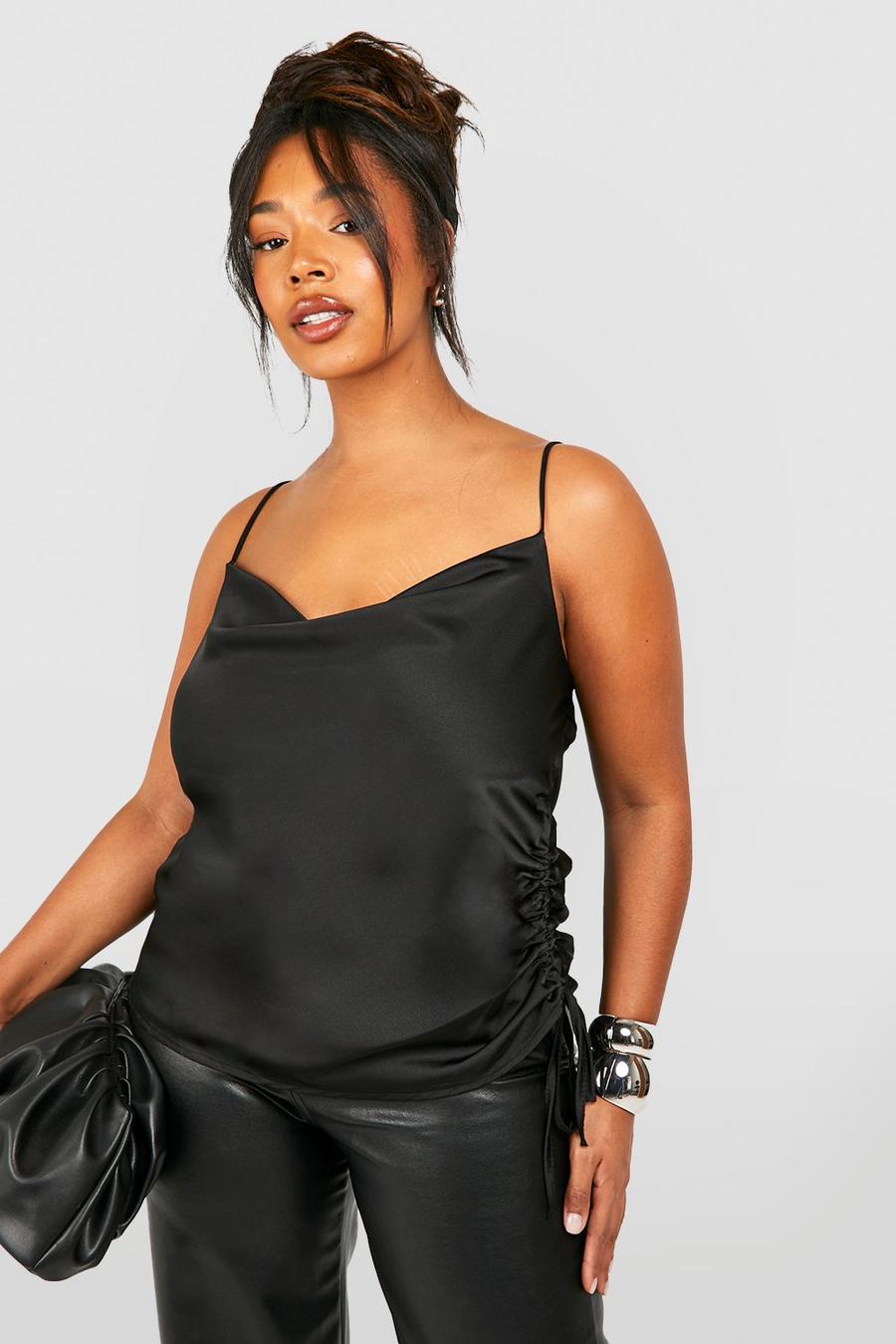 Black Plus Satin Cowl Ruched Side Camisole image number 1