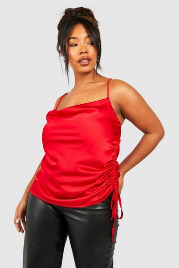 Plus Satin Cowl Ruched Side Camisole red