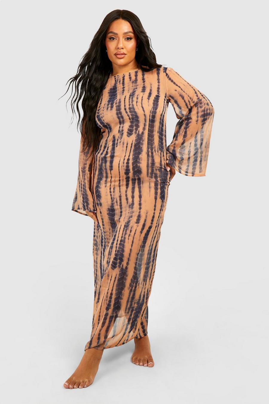 Brown Plus Batikmönstrad strandklänning med utsvängd ärm image number 1