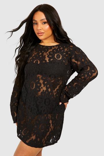 Black Plus Long Sleeve Mini Beach Dress