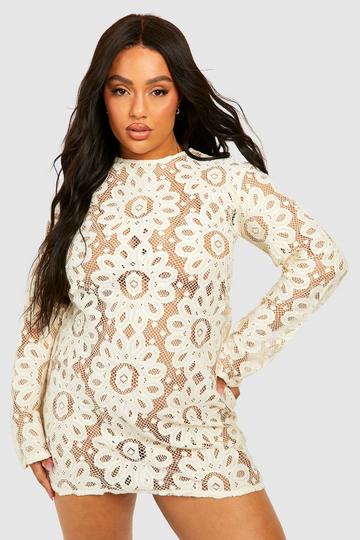 Plus Long Sleeve Mini Beach Dress cream