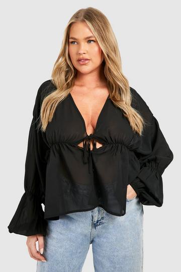 Plus Sheer Gathered Blouse black