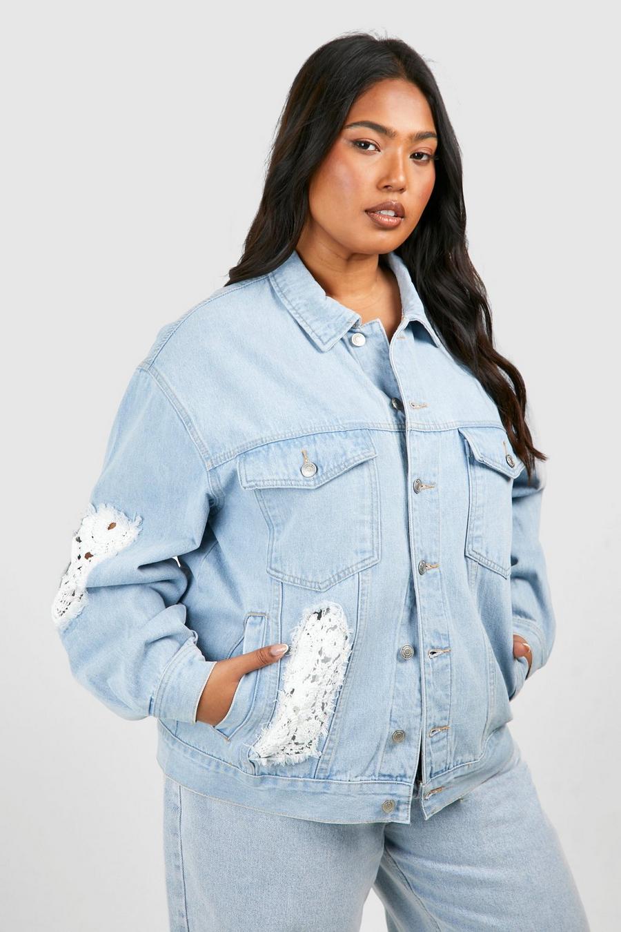 Giacca Plus Size oversize in denim misto all’uncinetto, Light blue image number 1