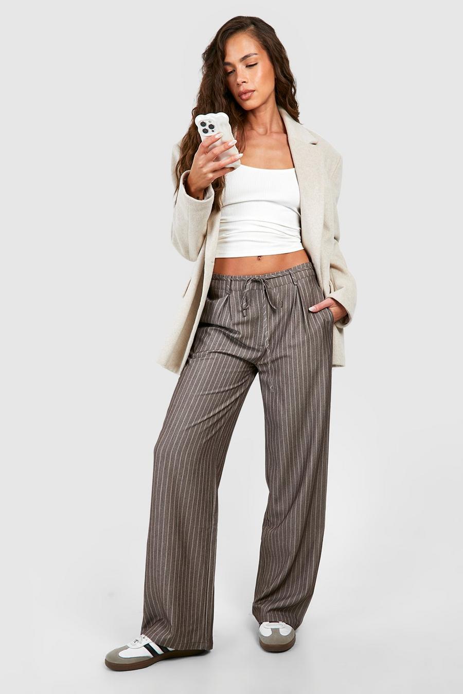 Taupe Pinstripe Tie Waist Tailored Straight Leg Trousers image number 1