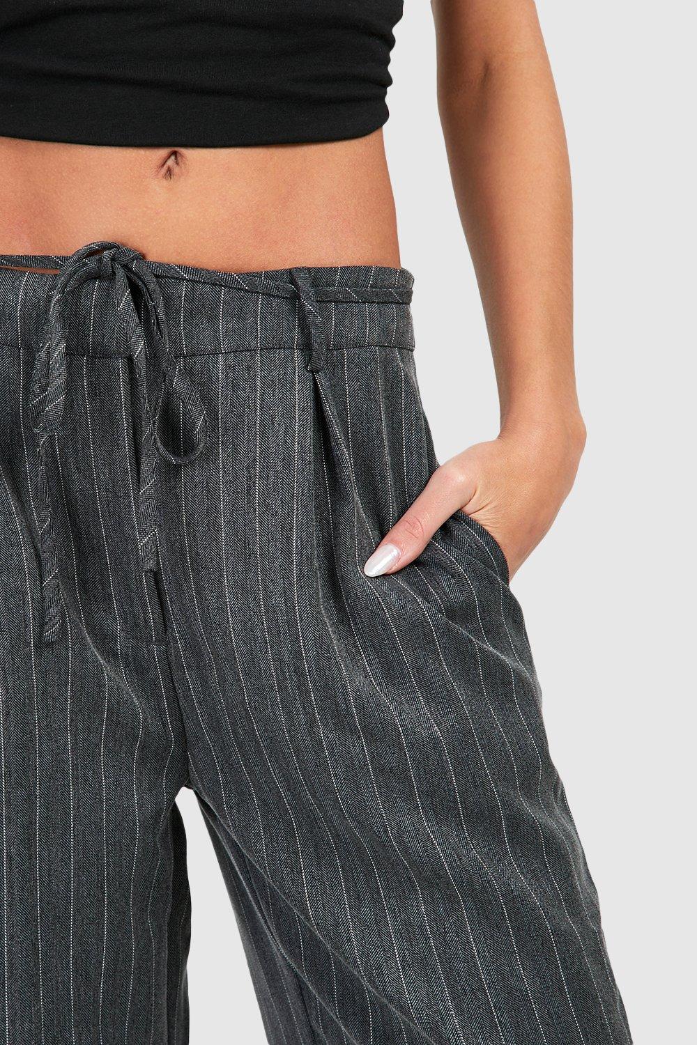 Pinstripe Tie Waist Tailored Wide Leg Pants