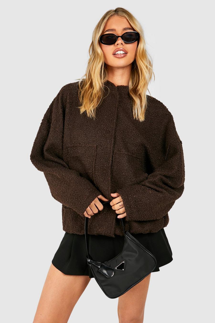 Chocolate brown Oversized Wool Look Bomber Jacket 
