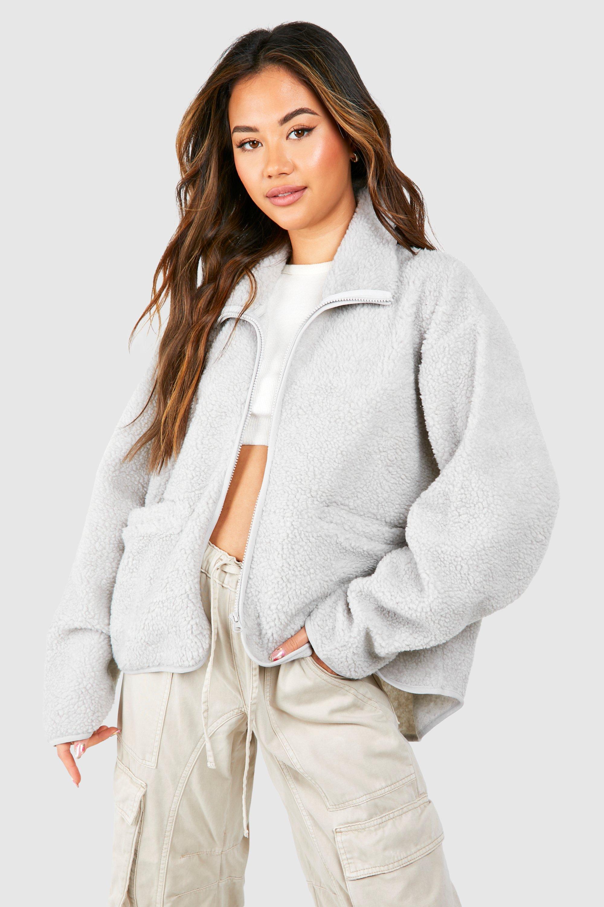 Boohoo Women s Oversized Teddy Jacket Grey