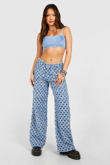 Textured Checkerboard Wide Leg Jeans light blue