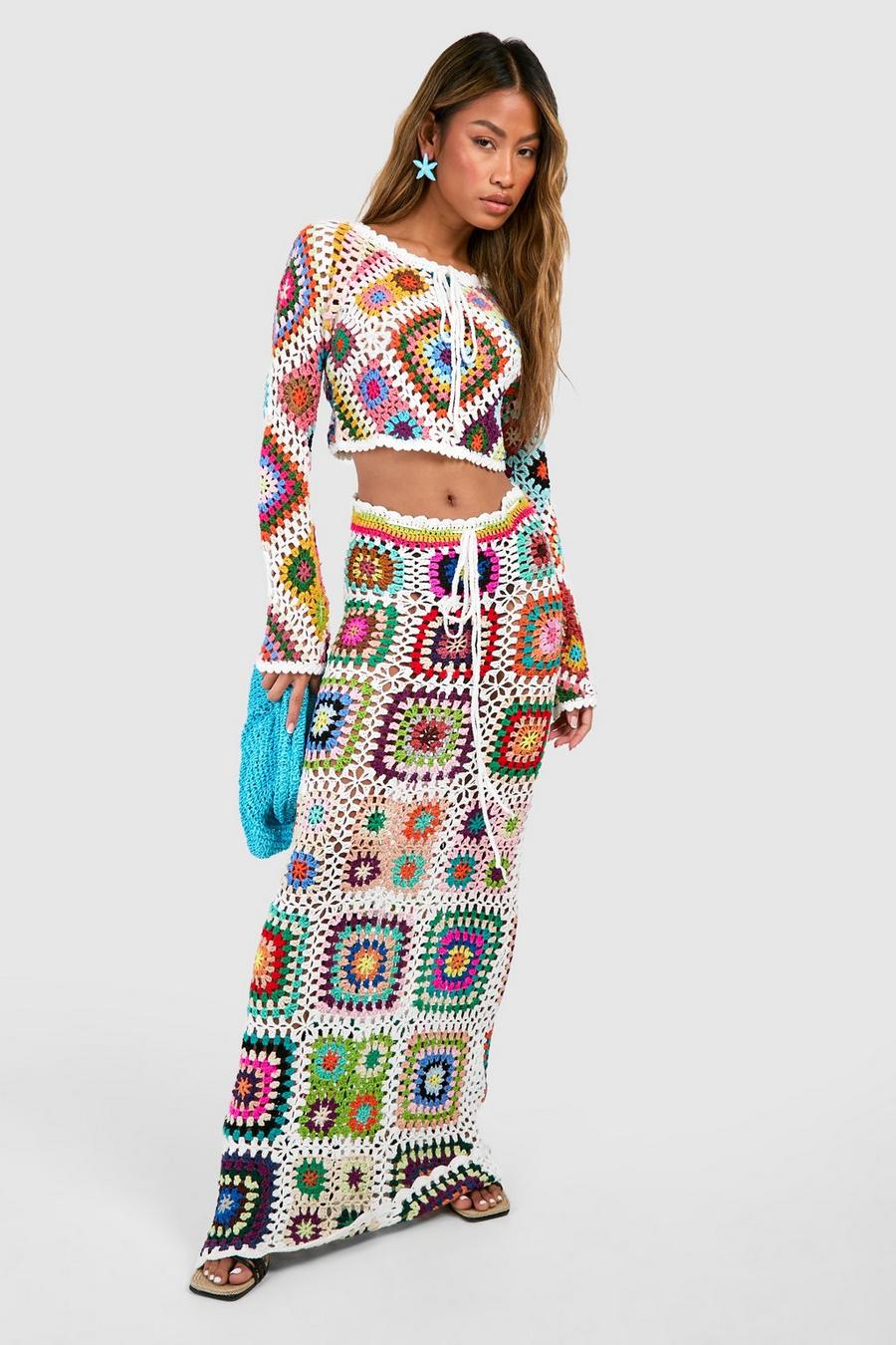 White Premium Patchwork Crochet Maxi Skirt image number 1