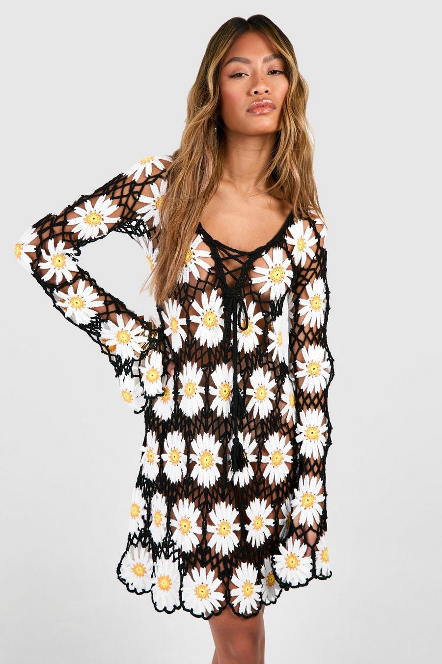 Black Premium Flower Crochet Mini Dress