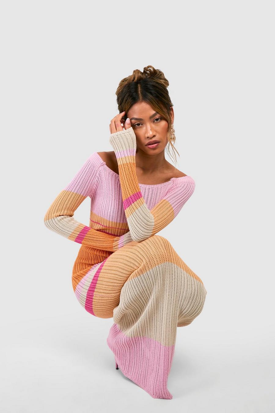 Vestido maxi de croché Premium con rayas, Pink image number 1