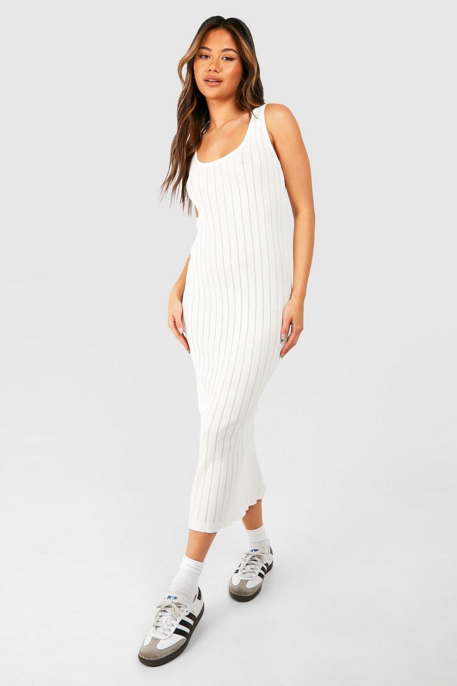 White Sheer Ladder Knitted Scoop Midaxi Dress
