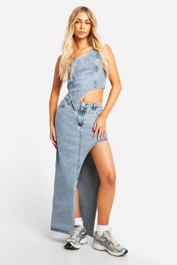 Asymmetric Thigh Split Denim Maxi Skikrt mid blue