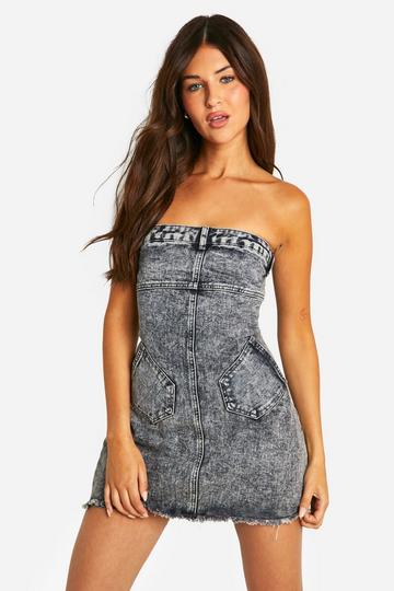 Acid Wash Bandeau Detail Denim Mini Dress acid wash black