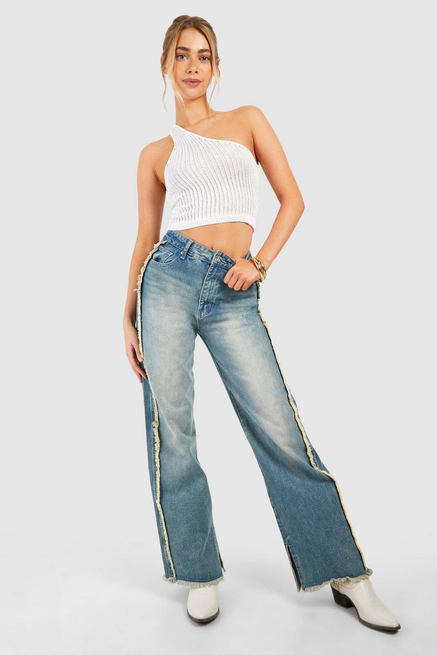 Weite Jeans mit ausgefranstem Saum und Detail, Washed indigo image number 1