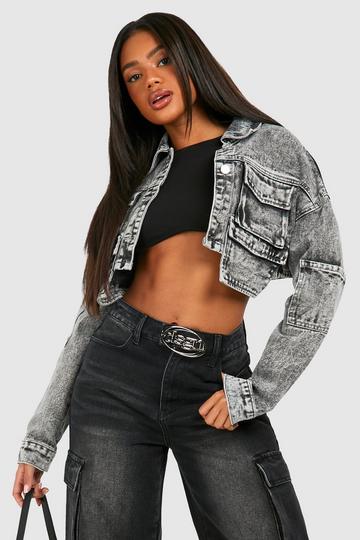 Black Acid Wash Cargo Pocket Crop Denim Jacket