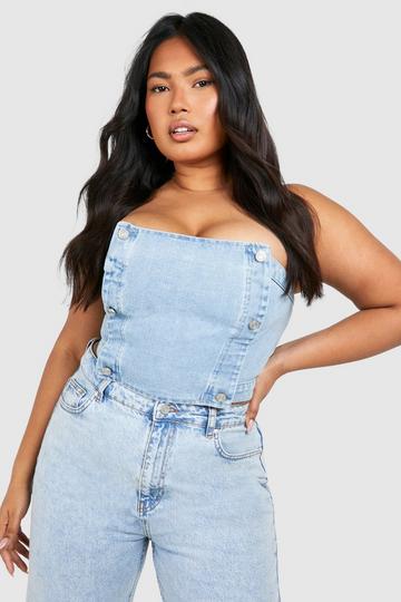 Plus Button Down Denim Top mid blue