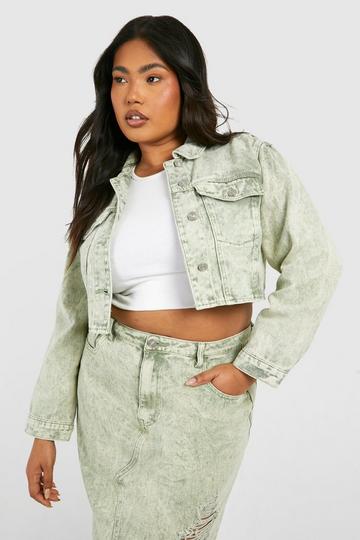 Plus Washed Khaki Acid Wash Crop Denim Jacket washed khaki