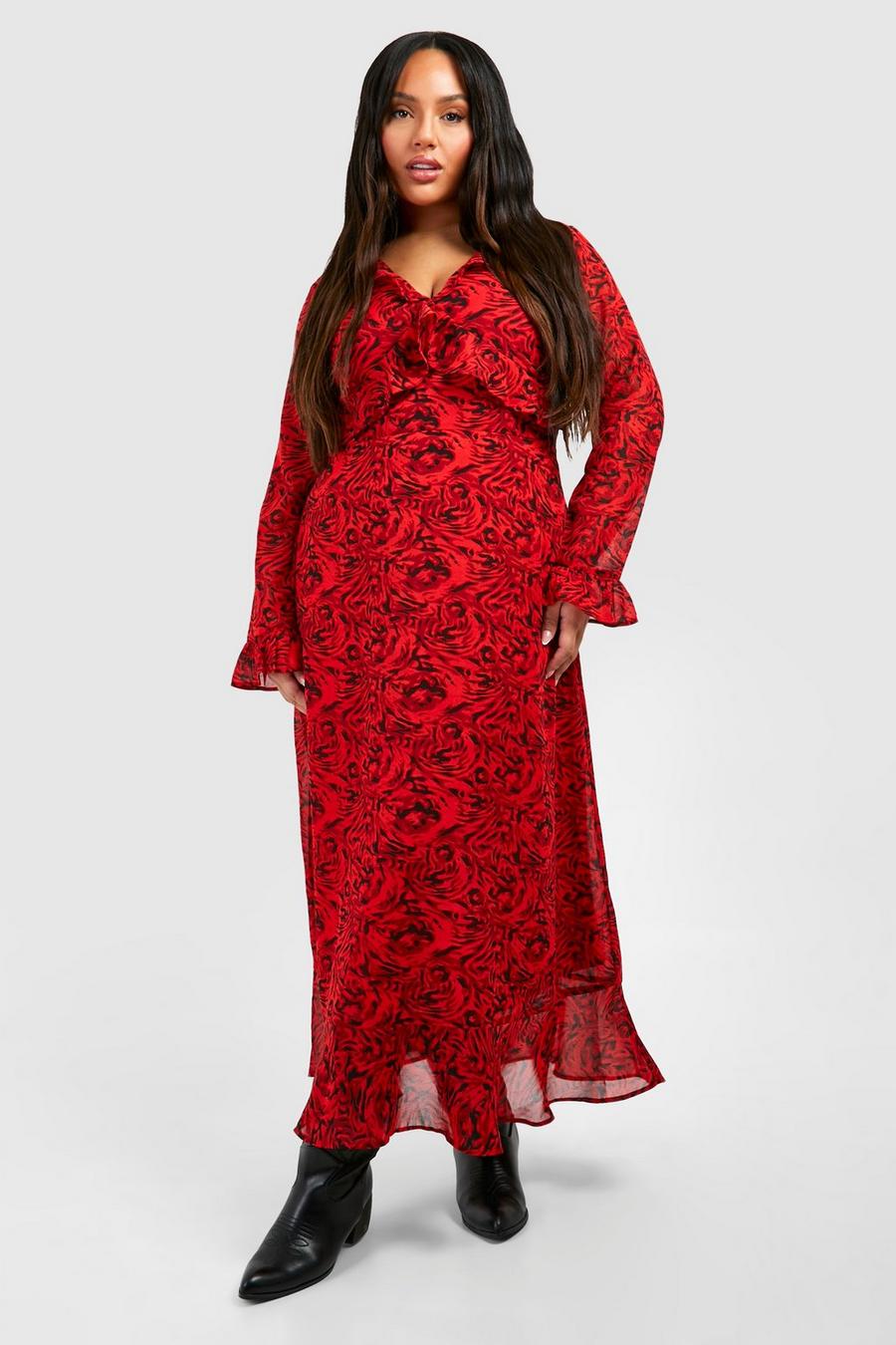 Plus Chiffon Smok-Kleid mit Print, Red