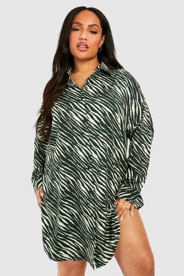 Plus Zebra Printed Shirt Dress green