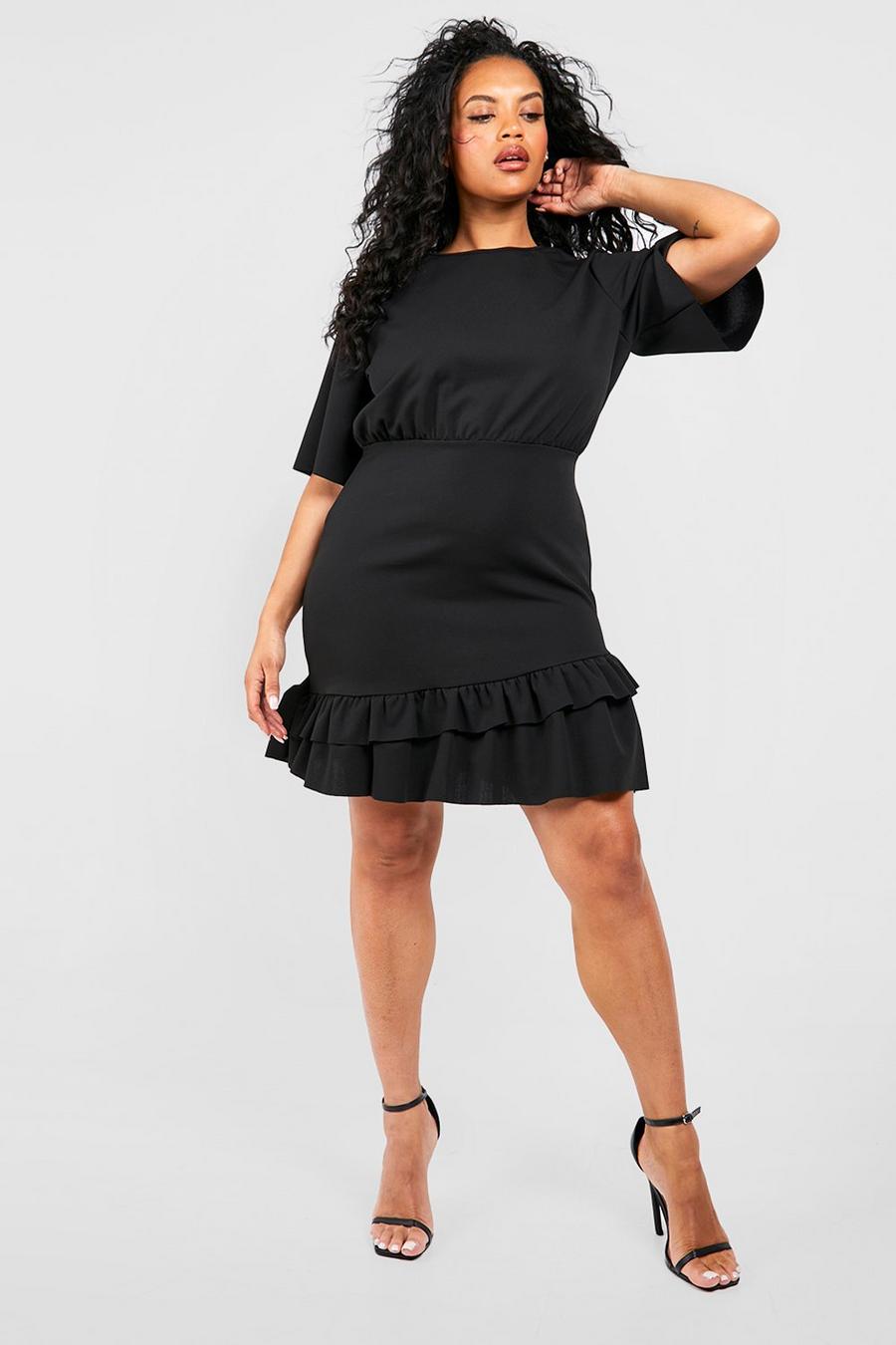 Black Plus Rak klänning med vid ärm och volangfåll image number 1