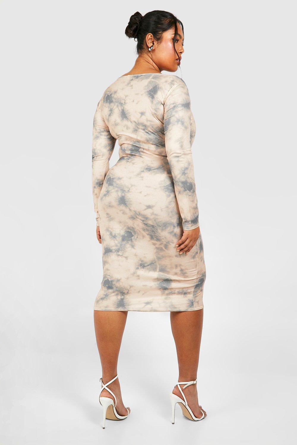 boohoo Plus Soft Rib Tie Dye Long Sleeve Midi Dress Beige Size 12