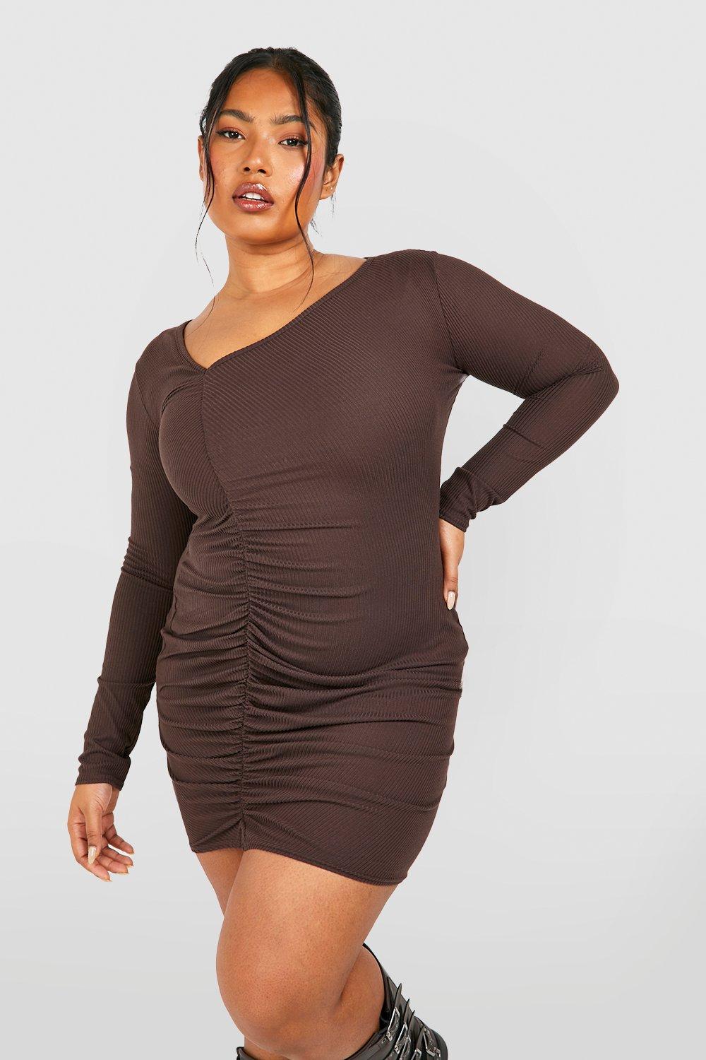 Plus Soft Rib Ruched Asymmetric Neck Bodycon Dress