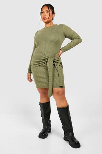 Plus Soft Rib Wrap Tie Long Sleeve Bodycon Dress khaki