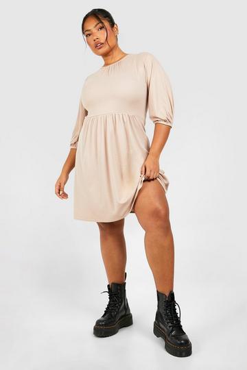 Plus Soft Rib Short Sleeve Skater Dress stone