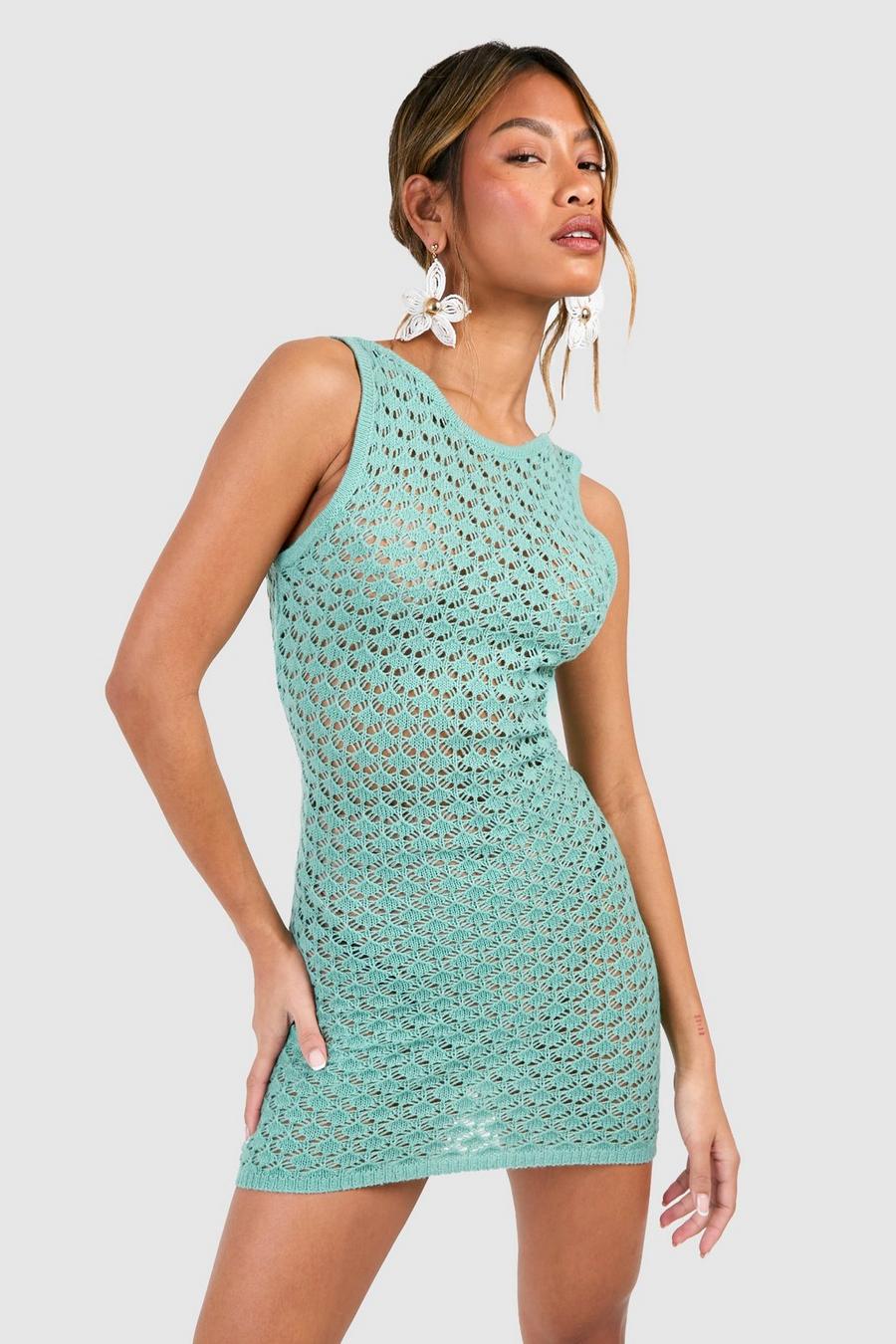 Turquoise Chunky Crochet Scoop Back Mini Dress image number 1