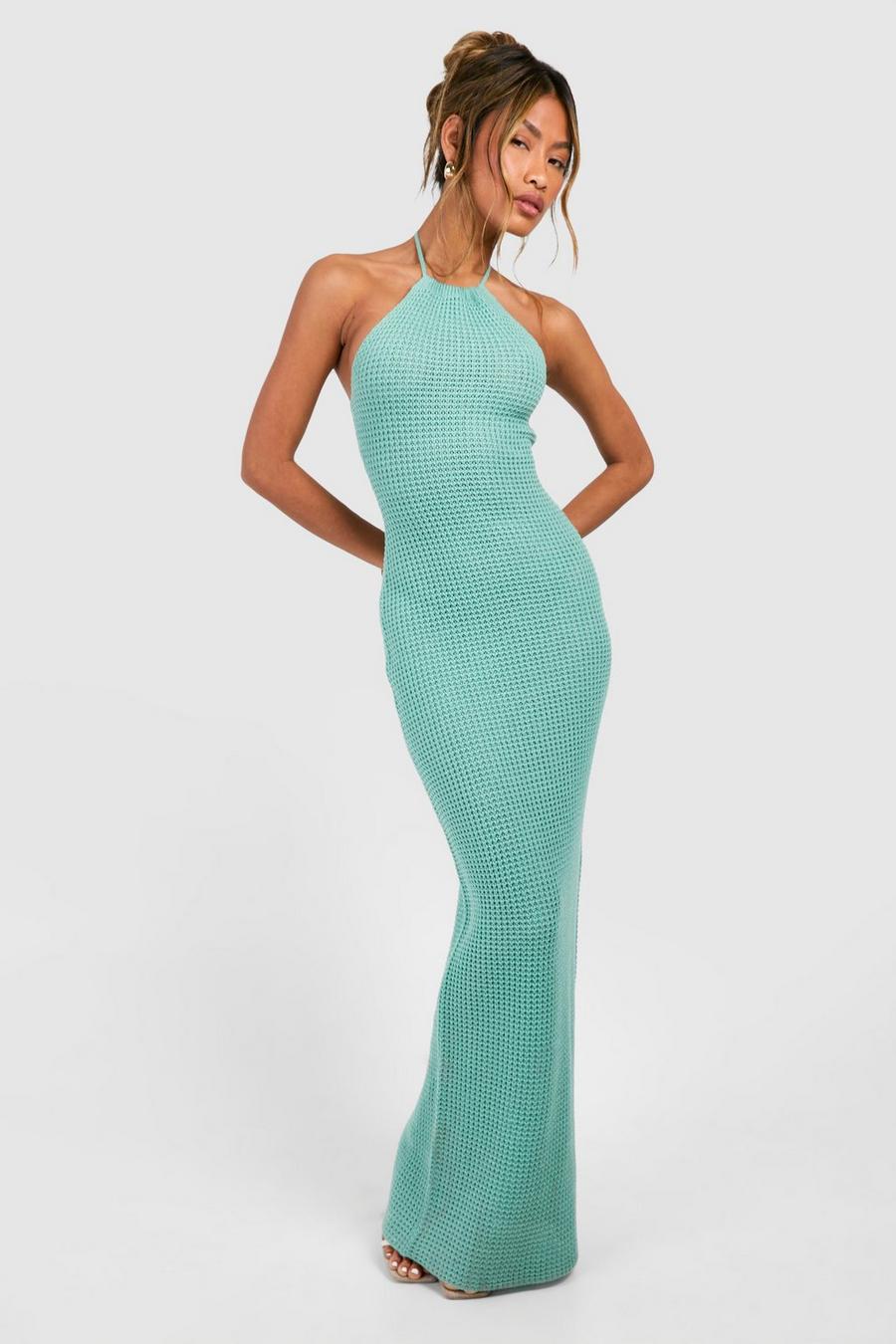 Turquoise Halter Crochet Maxi Dress image number 1