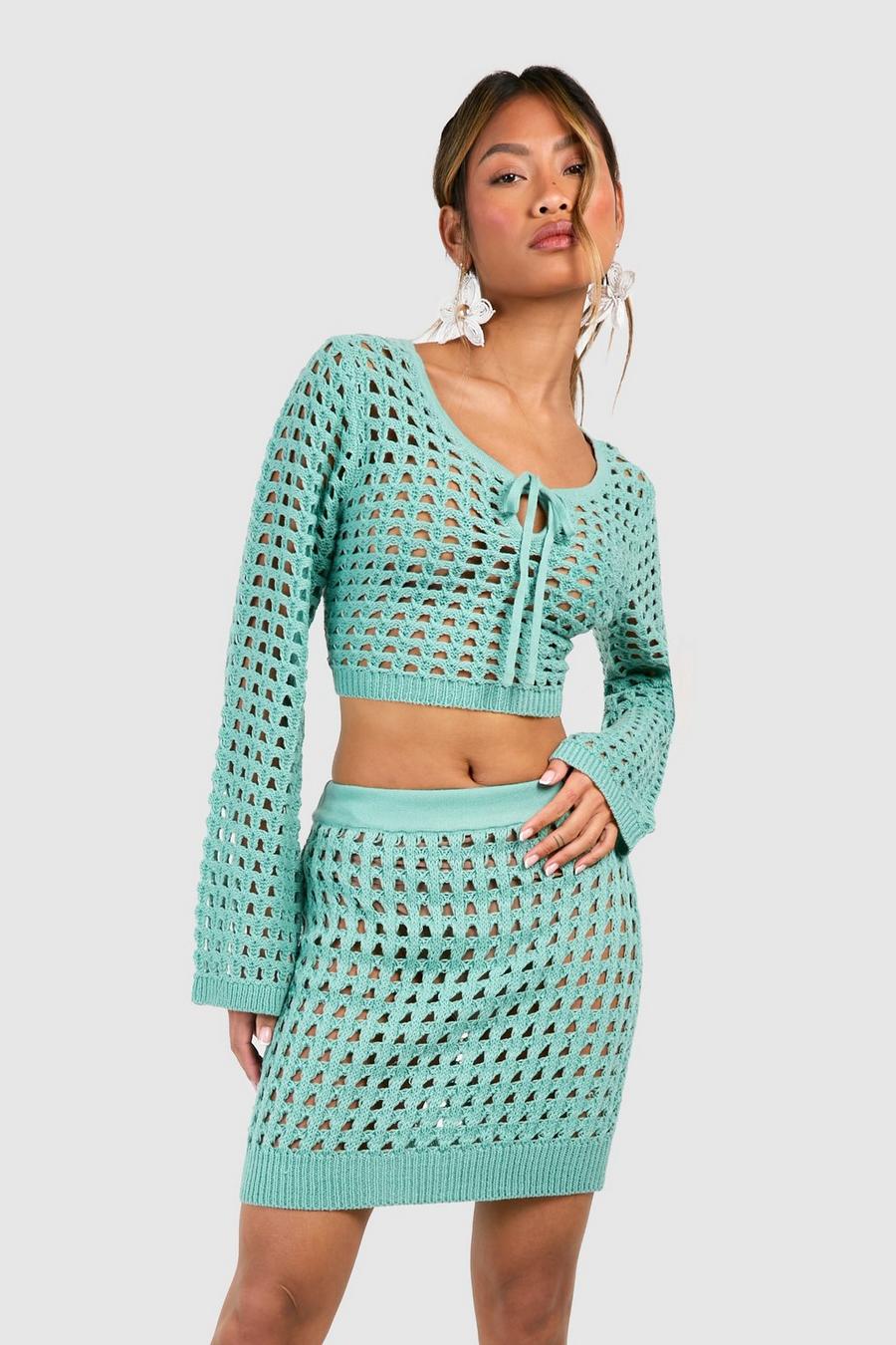 Turquoise Crochet Lace Up Crop Top  image number 1