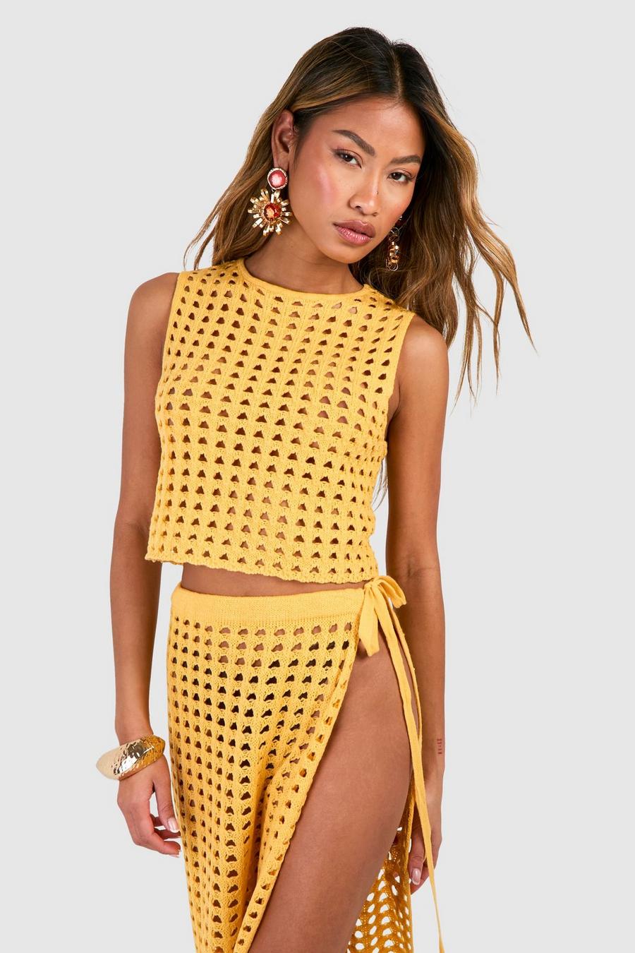 Gold Gehaakte Crop Top Met Hoge Racer Hals