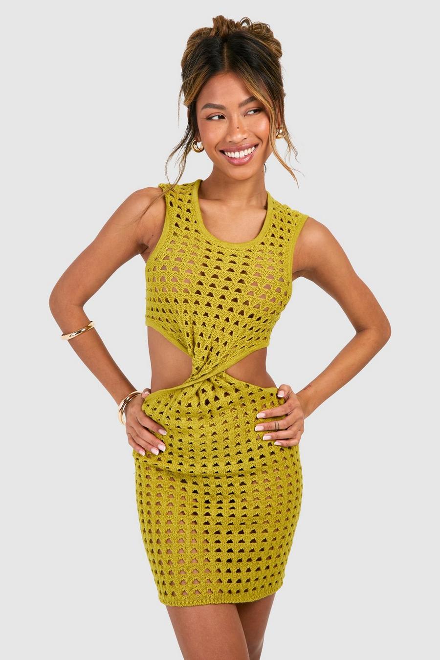 Khaki Twist Front Crochet Mini Dress