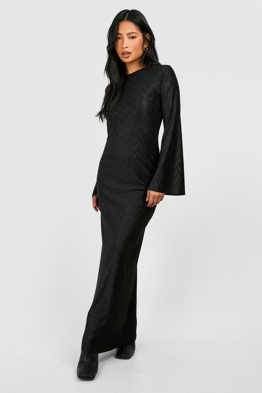 Black Petite Textured Plisse Flare Sleeve Maxi Dress image number 1