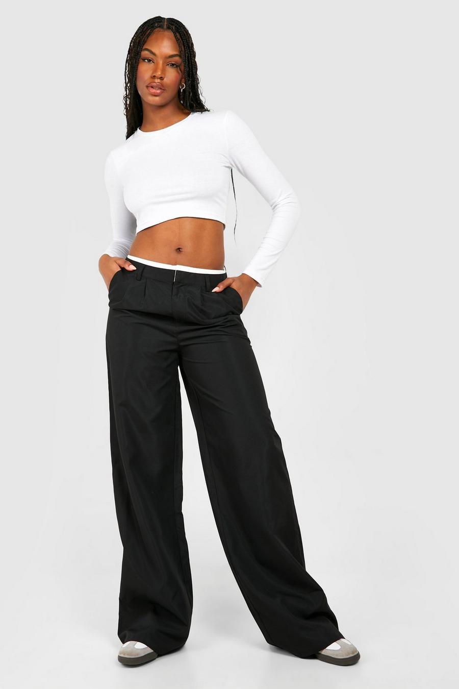 Black Tall Woven Elastic Waist Band Detail Pleated Trousers image number 1