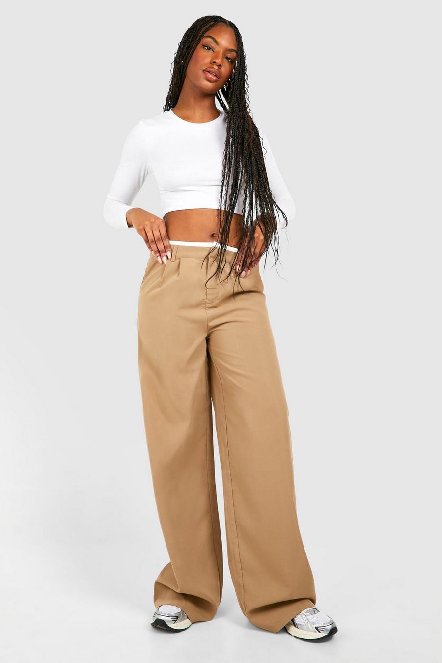 Mocha Tall Woven Elastic Waist Band Detail Pleated Trousers image number 1