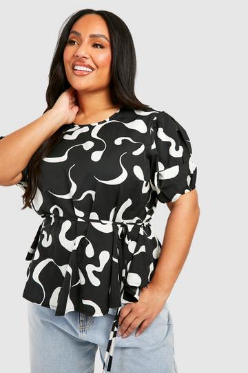 Plus Abstract Puff Sleeve Smock Top black