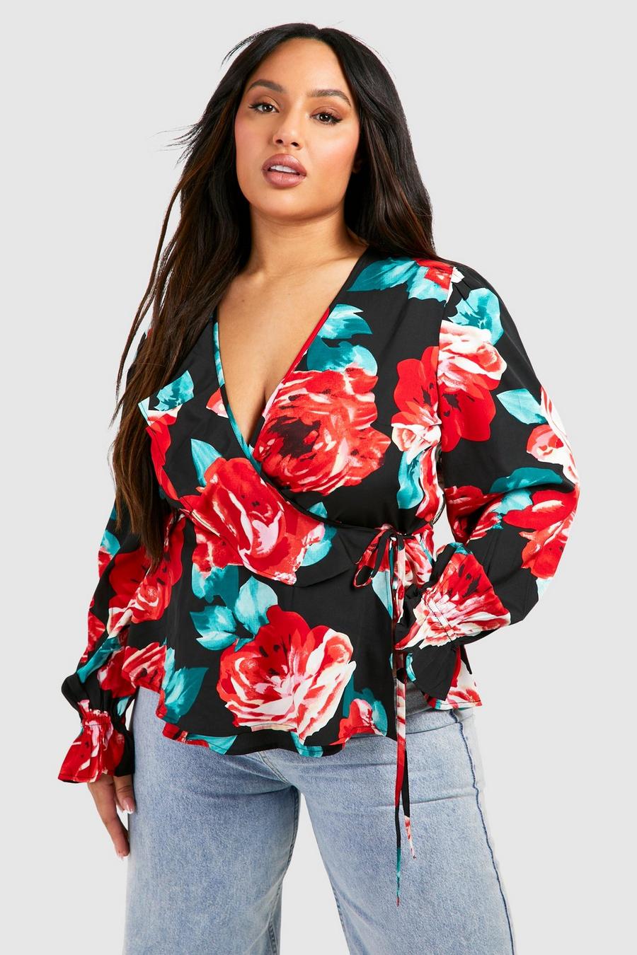 Top scaldacuore Plus Size a fiori con rose, Red image number 1