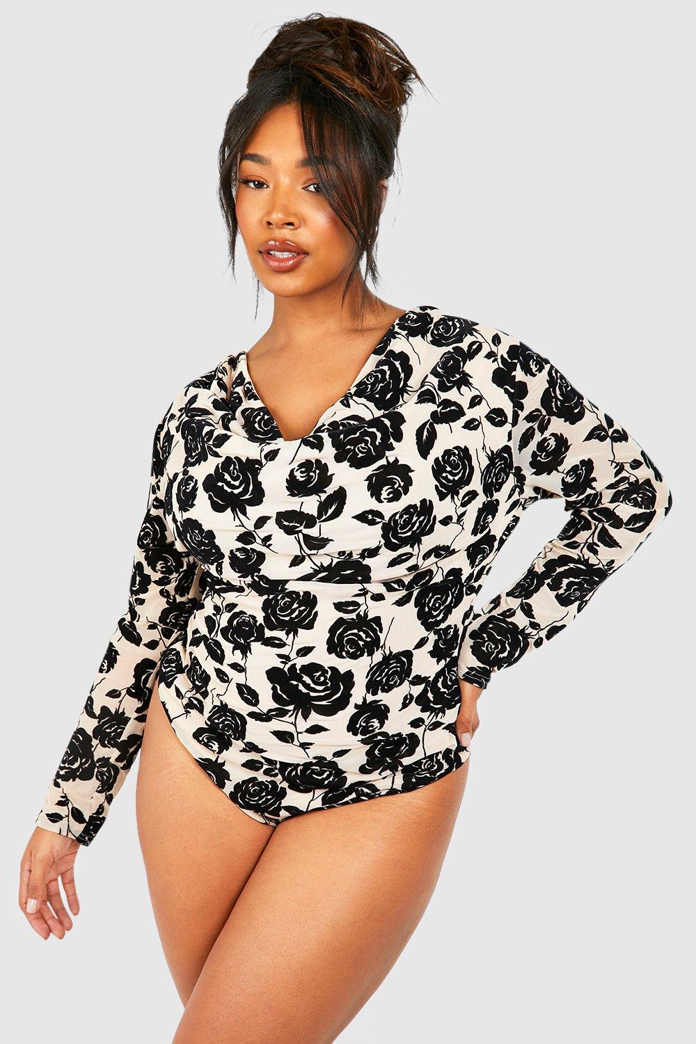 Plus Cowl Neck Devore Long Sleeve Bodysuit