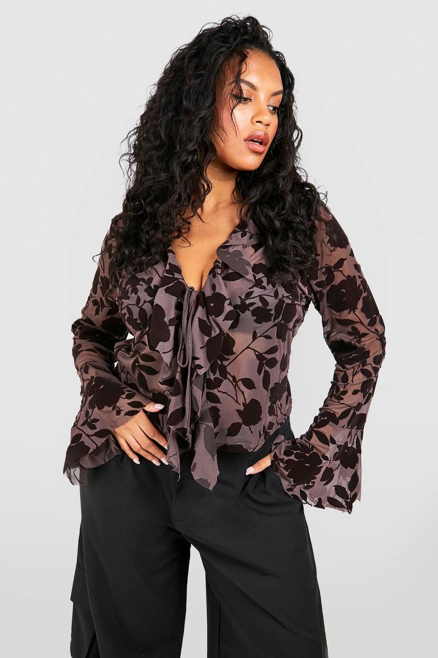 Chocolate Plus Devore Ruffle Front Blouse image number 1