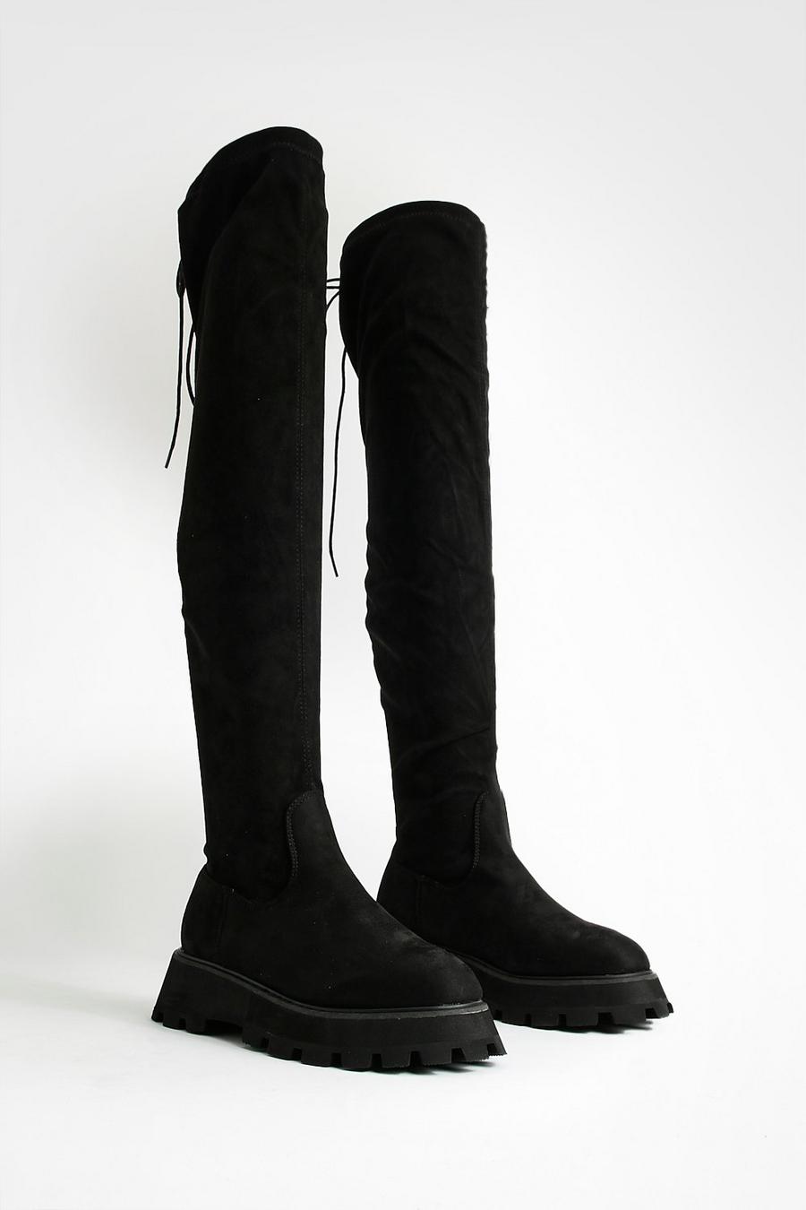 Black Chunky Stretch Knee High Boots