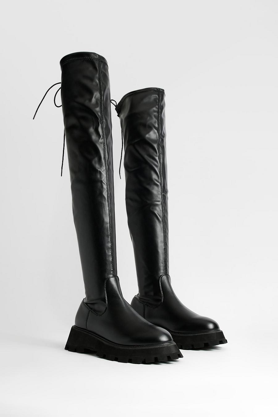 Black Chunky Stretch Pu Knee High Boots image number 1